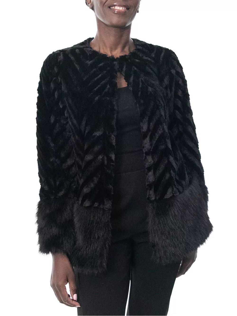 Nina Leonard Black Faux Fur Chevron-Textured Women's Sweater Jacket